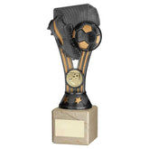 PEWTER/GOLD PLASTIC 'WEMBLEY' FIGURE ON CREAM MARBLE TROPHY - (1in CEN) - 8in